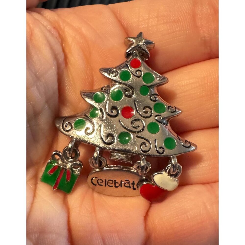 Vintage Enamel Christmas Tree Brooch with Dangling Charms | Holiday Pin